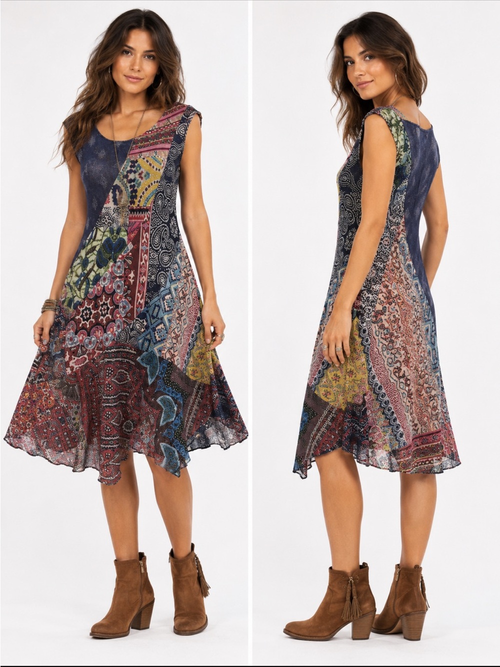 Desigual Patchwork Asymmetrical Sleeveless Dress in Navy, Red, Green